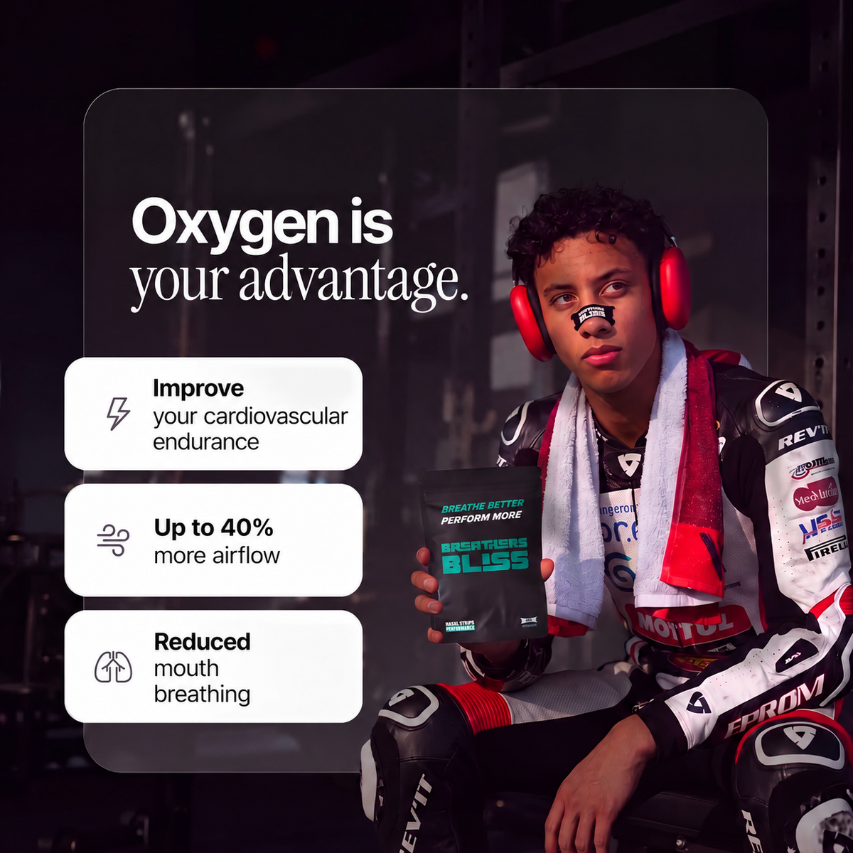 Athlete wearing BreathersBliss nasal strips — English benefits.