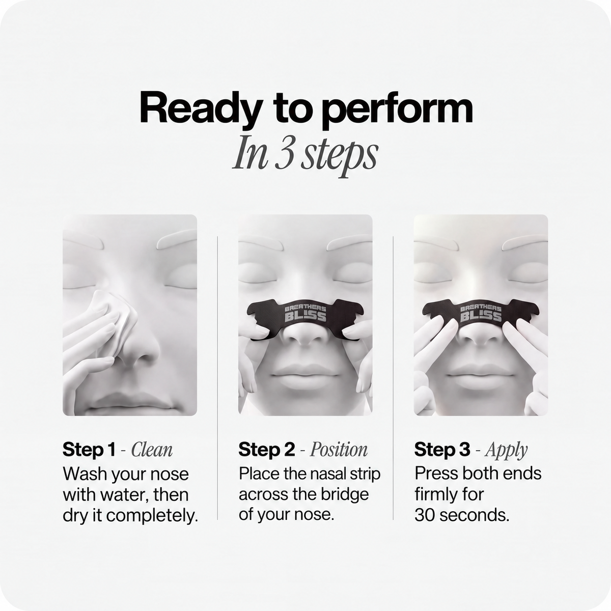 How to apply BreathersBliss nasal strips — English three-step guide.