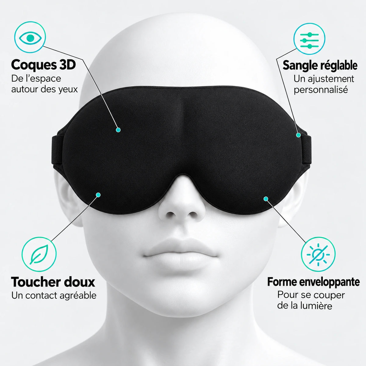 Masque de sommeil noir — forme 3D, toucher doux et sangle réglable