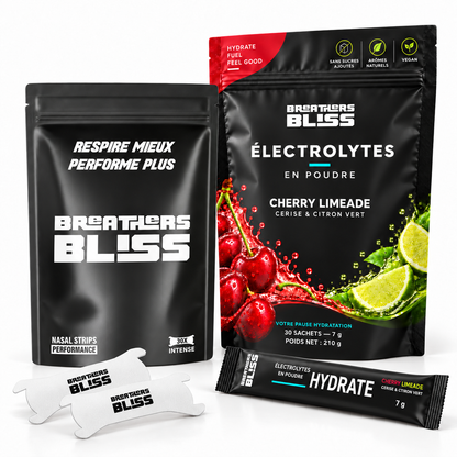 Pack Athlète BreathersBliss avec bandes nasales Intense blanches et électrolytes Cherry Limeade