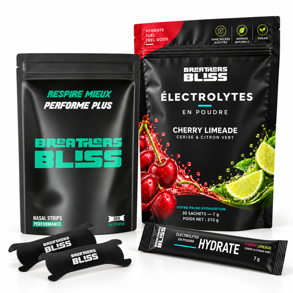 Pack Athlète : bandes nasales Intense noires et électrolytes Cherry Limeade