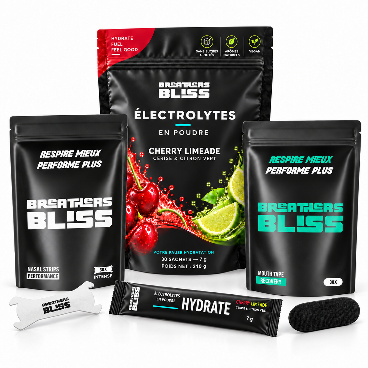 Pack Performance BreathersBliss avec bandes nasales Intense blanches, bandes buccales noires et électrolytes Cherry Limeade