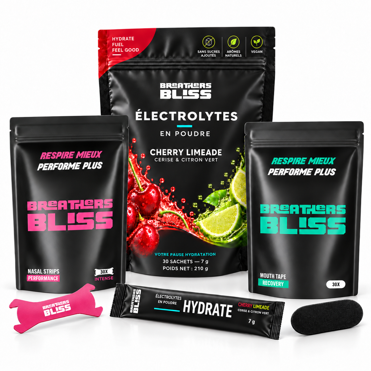 Pack Performance BreathersBliss avec bandes nasales Intense roses, bandes buccales noires et électrolytes Cherry Limeade