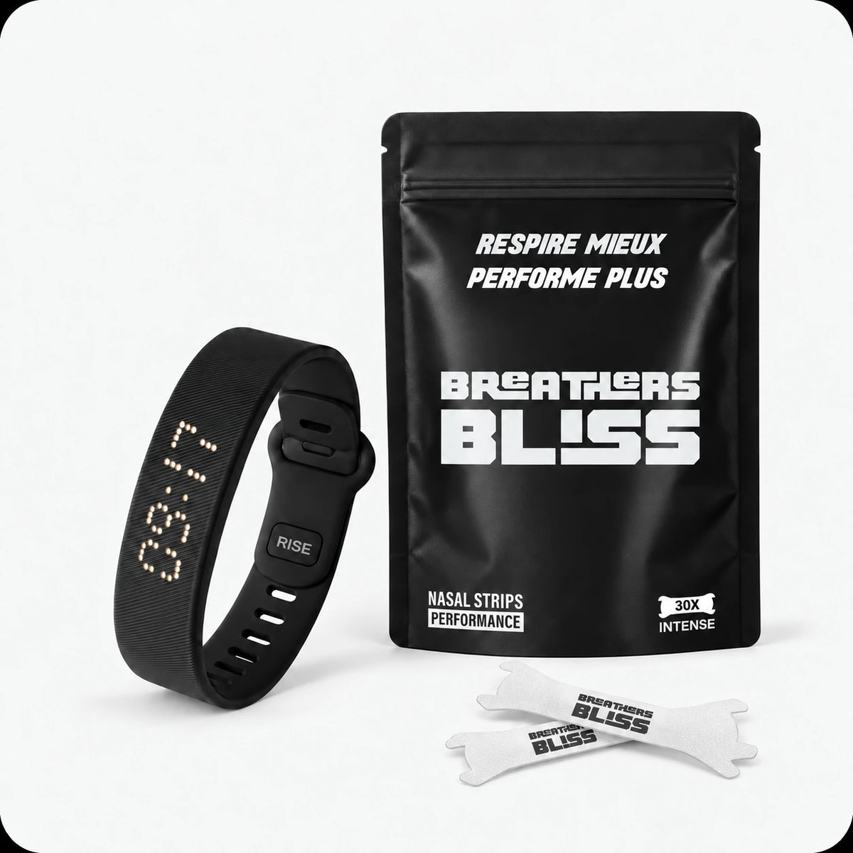 Pack Réveil Doux BreathersBliss avec un sachet de 30 bandes nasales Intense blanches et un bracelet réveil RISE noir.