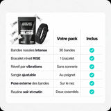 Contenu du Pack Réveil Doux BreathersBliss : 30 bandes nasales Intense blanches et un bracelet réveil vibrant RISE noir.