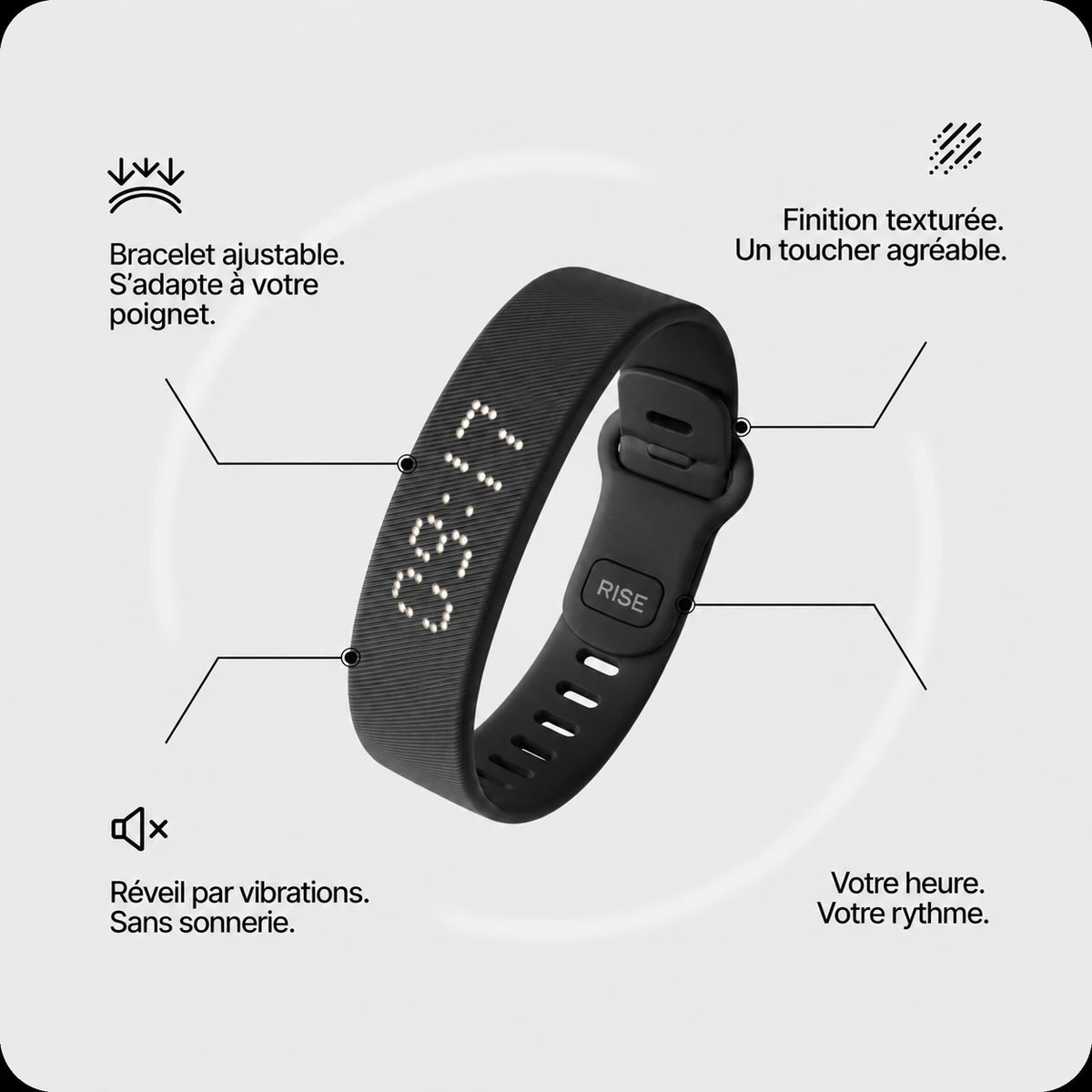 Bracelet réveil vibrant RISE noir : écran, sangle réglable et vibrations au poignet.