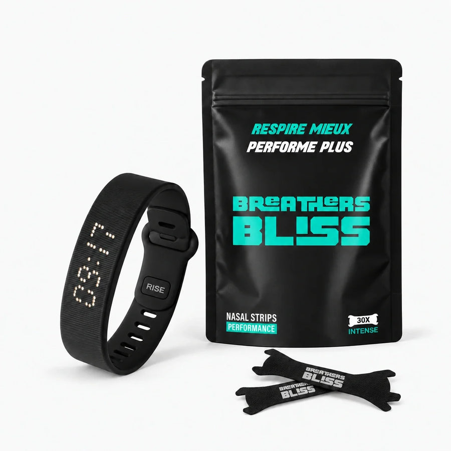 Pack Réveil Doux BreathersBliss avec un sachet de 30 bandes nasales Intense noires et un bracelet réveil RISE noir.