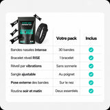 Contenu du Pack Réveil Doux BreathersBliss : 30 bandes nasales Intense noires et un bracelet réveil vibrant RISE noir.