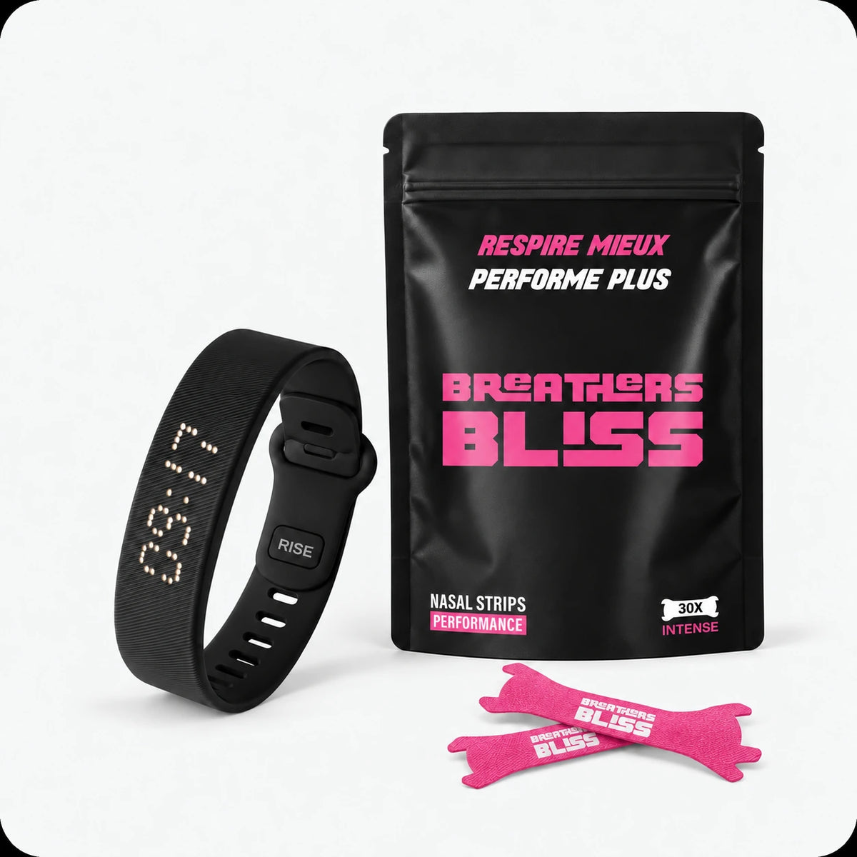 Pack Réveil Doux BreathersBliss avec un sachet de 30 bandes nasales Intense roses et un bracelet réveil RISE noir.