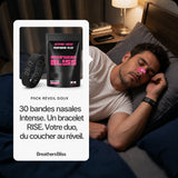 Homme au repos portant une bande nasale Intense rose et le bracelet RISE noir, avec le Pack Réveil Doux BreathersBliss.