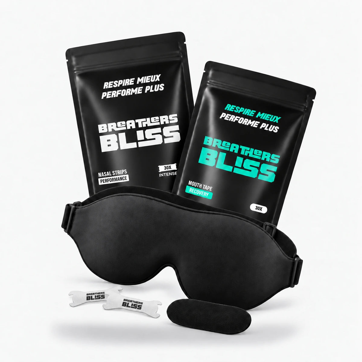 Pack Sommeil Complet BreathersBliss avec bandes nasales Intense blanches, bandes buccales noires et masque de sommeil 3D noir.