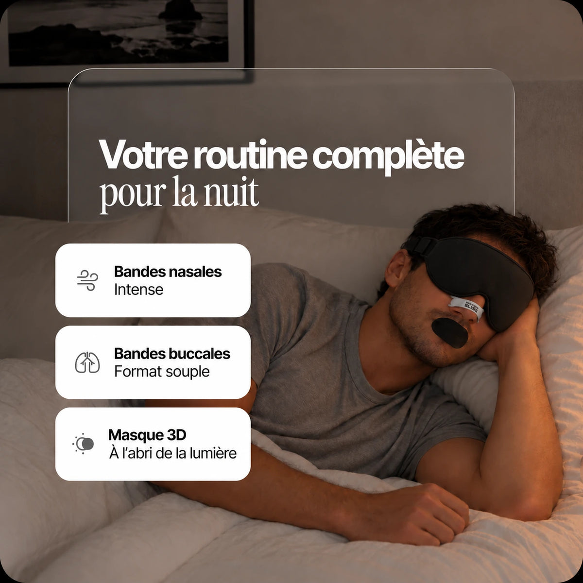 Homme au repos portant une bande nasale Intense blanche, une bande buccale noire et le masque 3D du Pack Sommeil Complet.