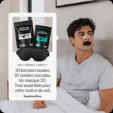 Routine du soir avec bandes nasales Intense blanches, bandes buccales et masque 3D du Pack Sommeil Complet BreathersBliss.