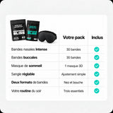 Contenu du Pack Sommeil Complet BreathersBliss : 30 bandes nasales Intense blanches, 30 bandes buccales et un masque de sommeil 3D.