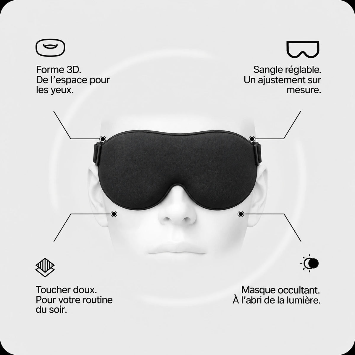 Masque de sommeil 3D noir BreathersBliss avec contours des yeux et sangle réglable.