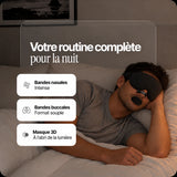 Homme au repos portant une bande nasale Intense noire, une bande buccale noire et le masque 3D du Pack Sommeil Complet.