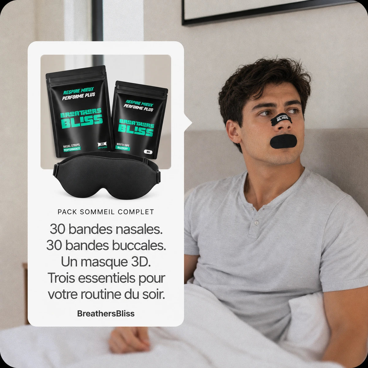 Routine du soir avec bandes nasales Intense noires, bandes buccales et masque 3D du Pack Sommeil Complet BreathersBliss.
