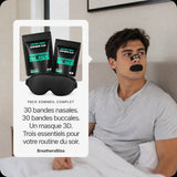 Routine du soir avec bandes nasales Intense noires, bandes buccales et masque 3D du Pack Sommeil Complet BreathersBliss.