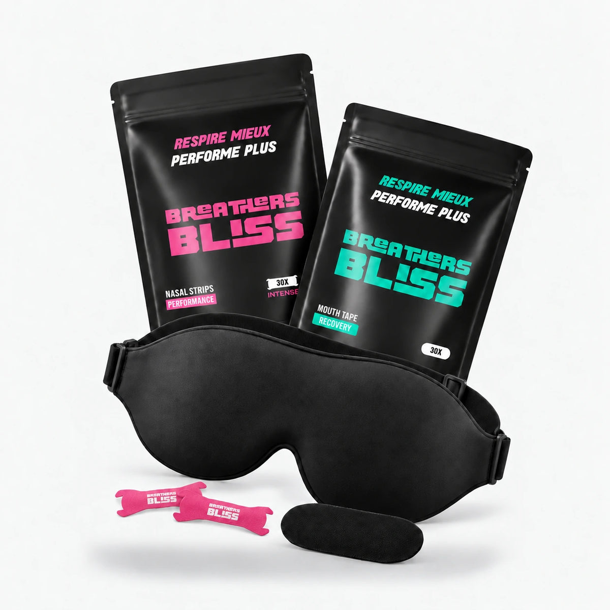 Pack Sommeil Complet BreathersBliss avec bandes nasales Intense roses, bandes buccales noires et masque de sommeil 3D noir.
