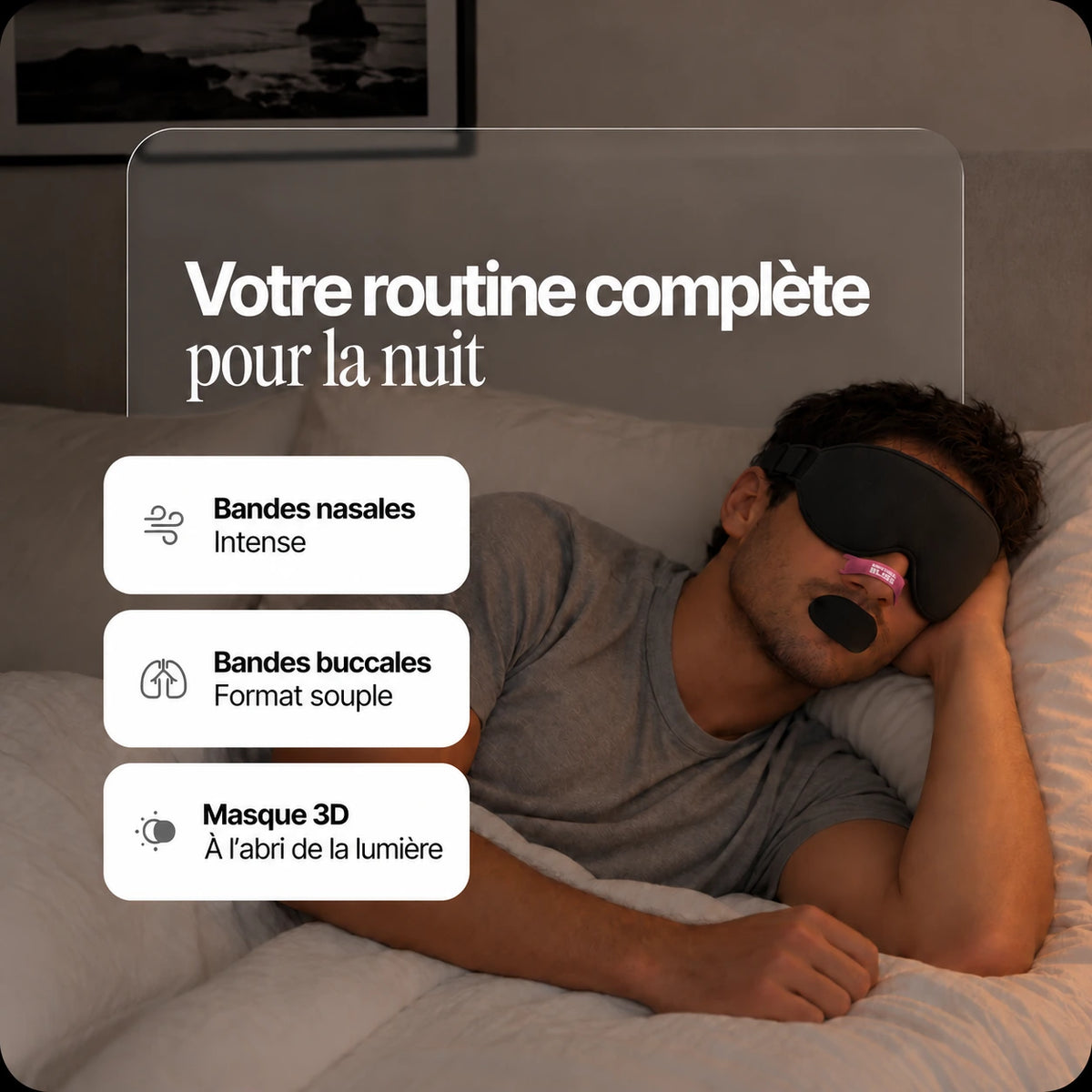 Homme au repos portant une bande nasale Intense rose, une bande buccale noire et le masque 3D du Pack Sommeil Complet.