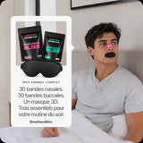 Routine du soir avec bandes nasales Intense roses, bandes buccales et masque 3D du Pack Sommeil Complet BreathersBliss.