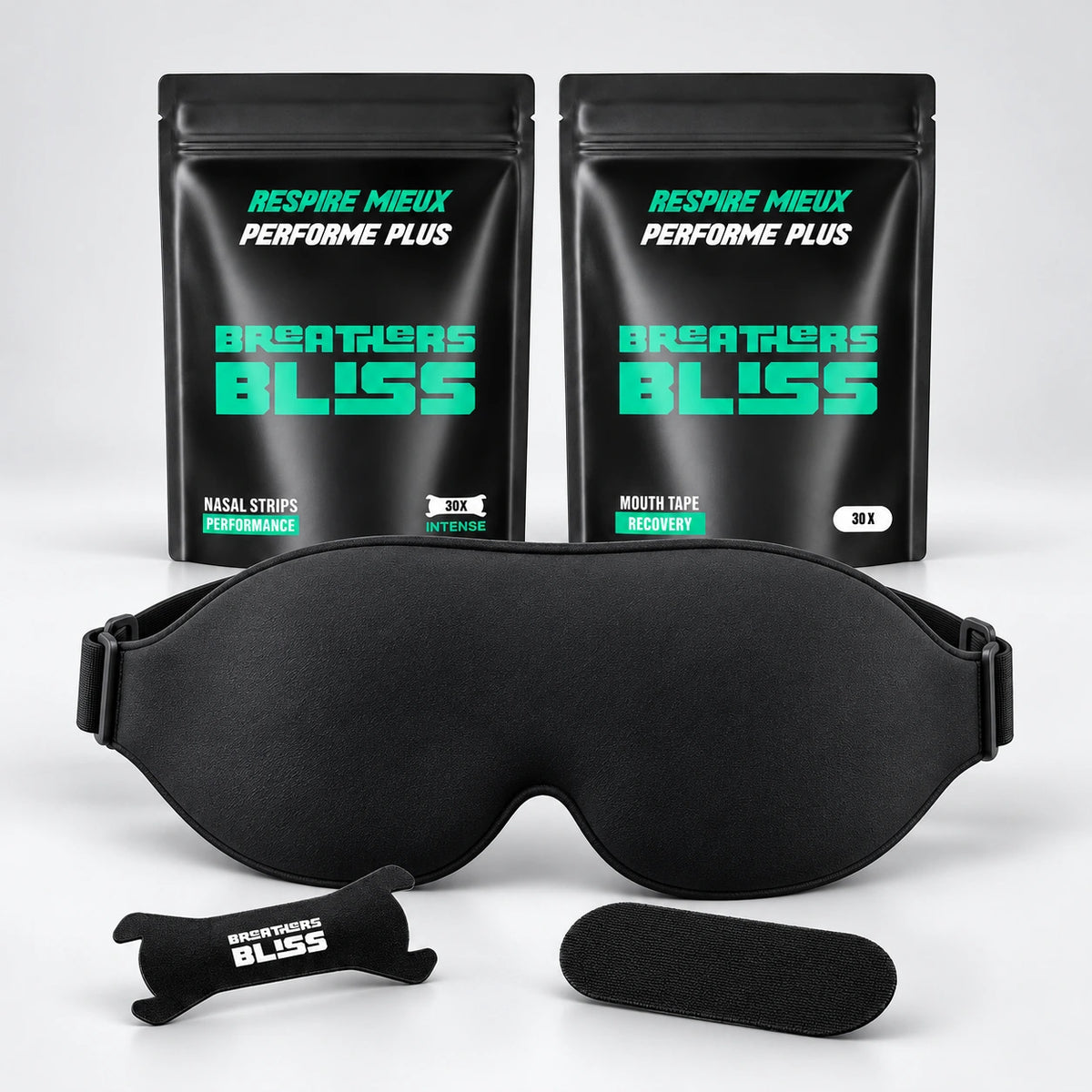 Pack Sommeil Complet BreathersBliss : bandes nasales Intense noires, bandes buccales et masque de sommeil noir