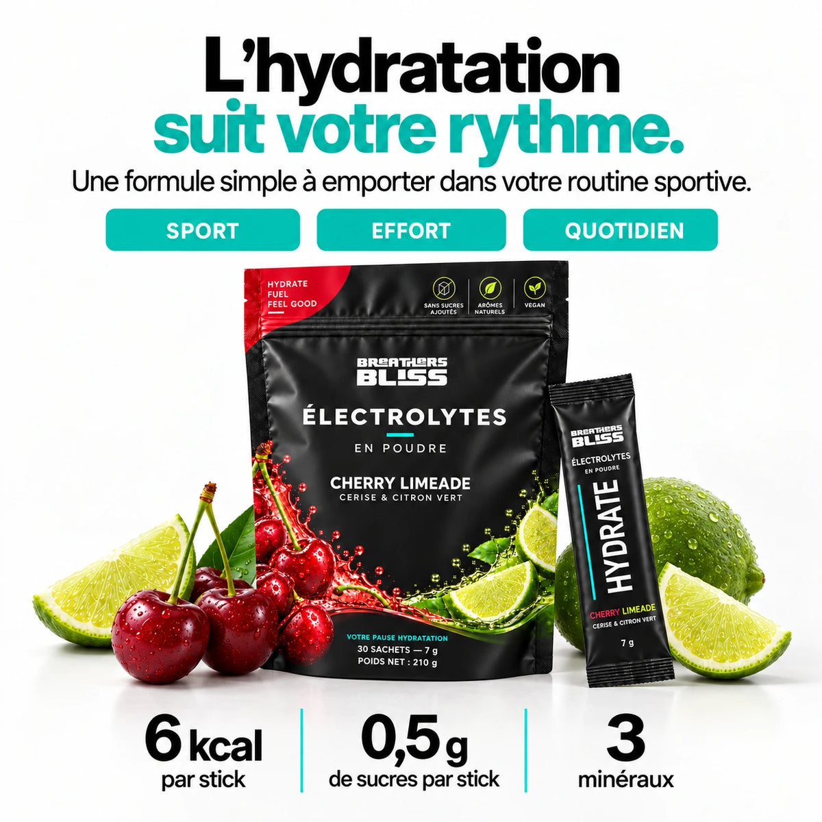 Électrolytes BreathersBliss Cherry Limeade : trois minéraux, 6 kcal et 0,5 g de sucres par stick de 7 g.