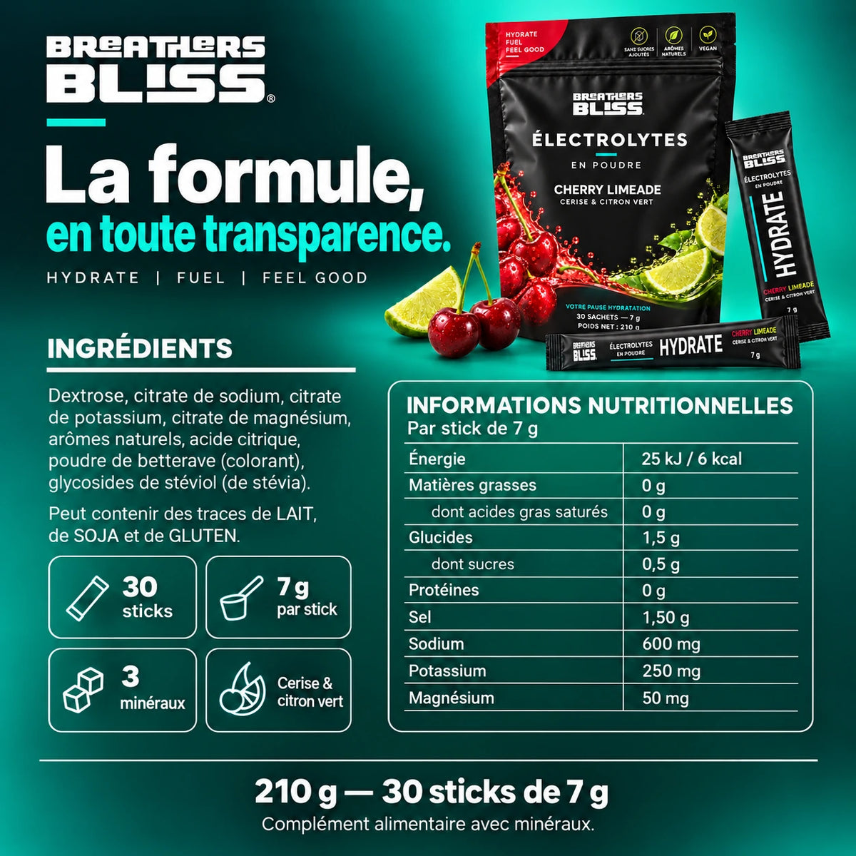 Liste des ingrédients, allergènes et valeurs nutritionnelles des électrolytes BreathersBliss pour un stick de 7 g.