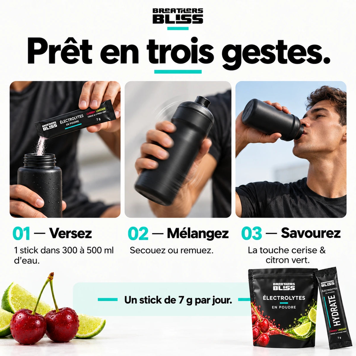 Préparation des électrolytes BreathersBliss : verser un stick dans 300 à 500 ml d’eau, mélanger puis boire.