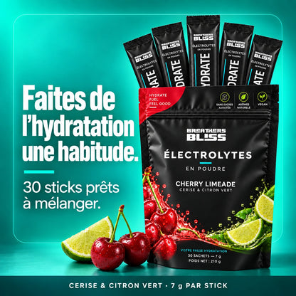 Électrolytes BreathersBliss cerise et citron vert : sachet et sticks prêts à mélanger pour une routine d’hydratation.