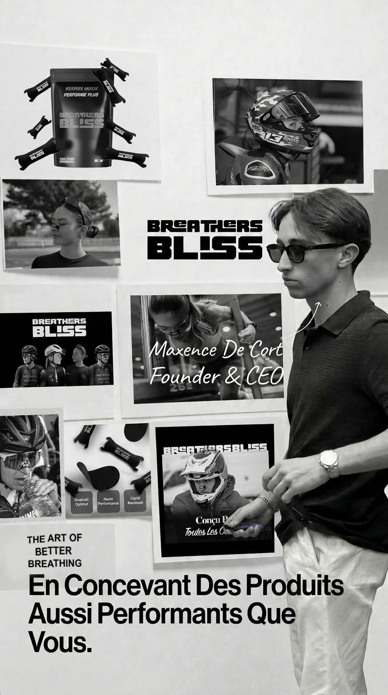 Maxence De Cort, founder of BreathersBliss, in front of the nasal strip brand’s visuals.