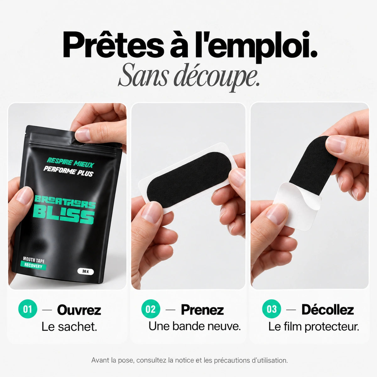 Préparation du mouth tape BreathersBliss : ouvrir le sachet, prendre une bande buccale neuve et retirer son film protecteur.