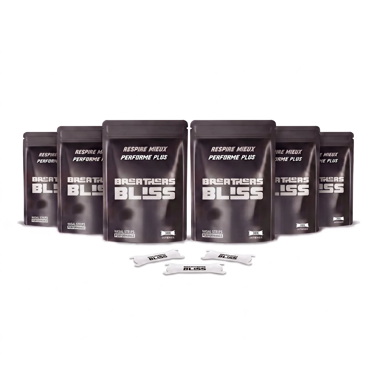 Pack de 6 sachets de bandes nasales Intense blanches BreathersBliss, avec les bandes présentées devant.