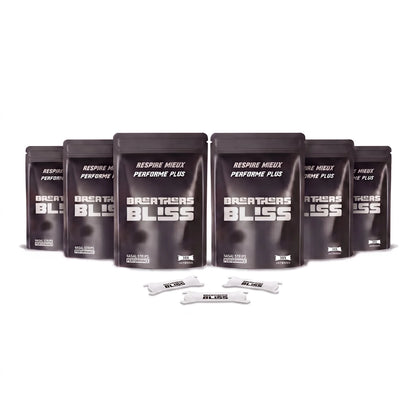 Pack de 6 sachets de bandes nasales Intense blanches BreathersBliss, avec les bandes présentées devant.