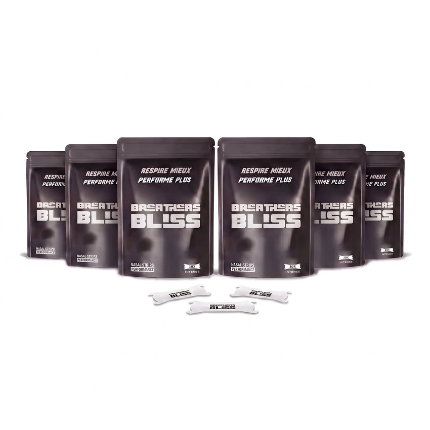 Pack de 6 sachets de bandes nasales Intense blanches BreathersBliss, avec les bandes présentées devant.