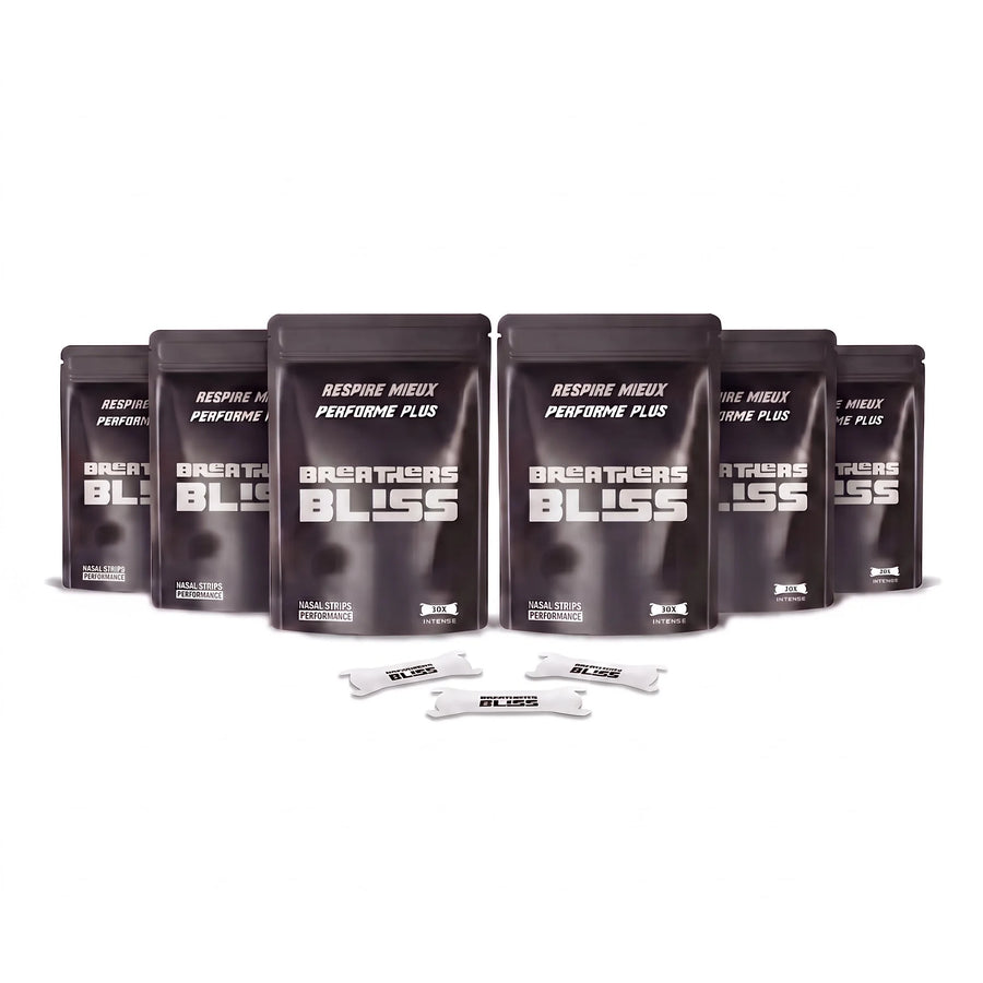 Pack de 6 sachets de bandes nasales Intense blanches BreathersBliss, avec les bandes présentées devant.