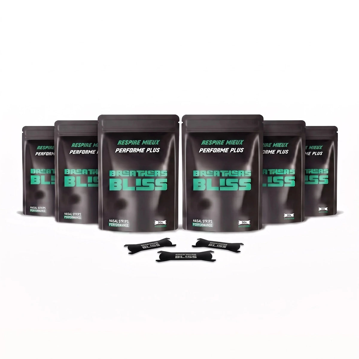 Pack de 6 sachets de bandes nasales Intense noires BreathersBliss, avec les bandes présentées devant.