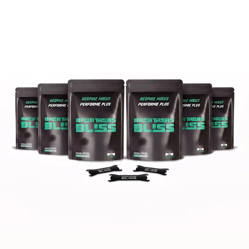 Pack de 6 sachets de bandes nasales Intense noires BreathersBliss, avec les bandes présentées devant.