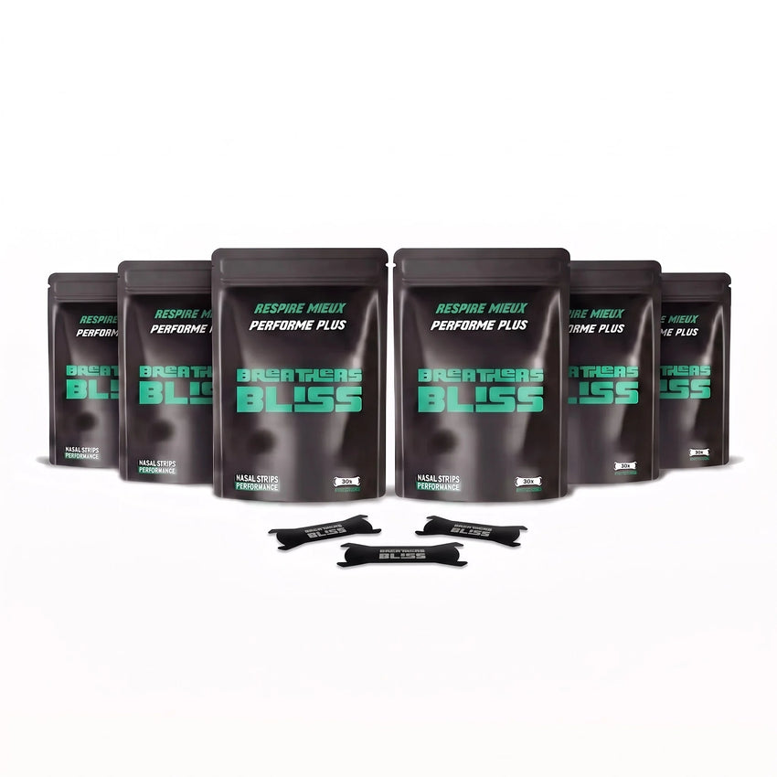 Pack de 6 sachets de bandes nasales Intense noires BreathersBliss, avec les bandes présentées devant.