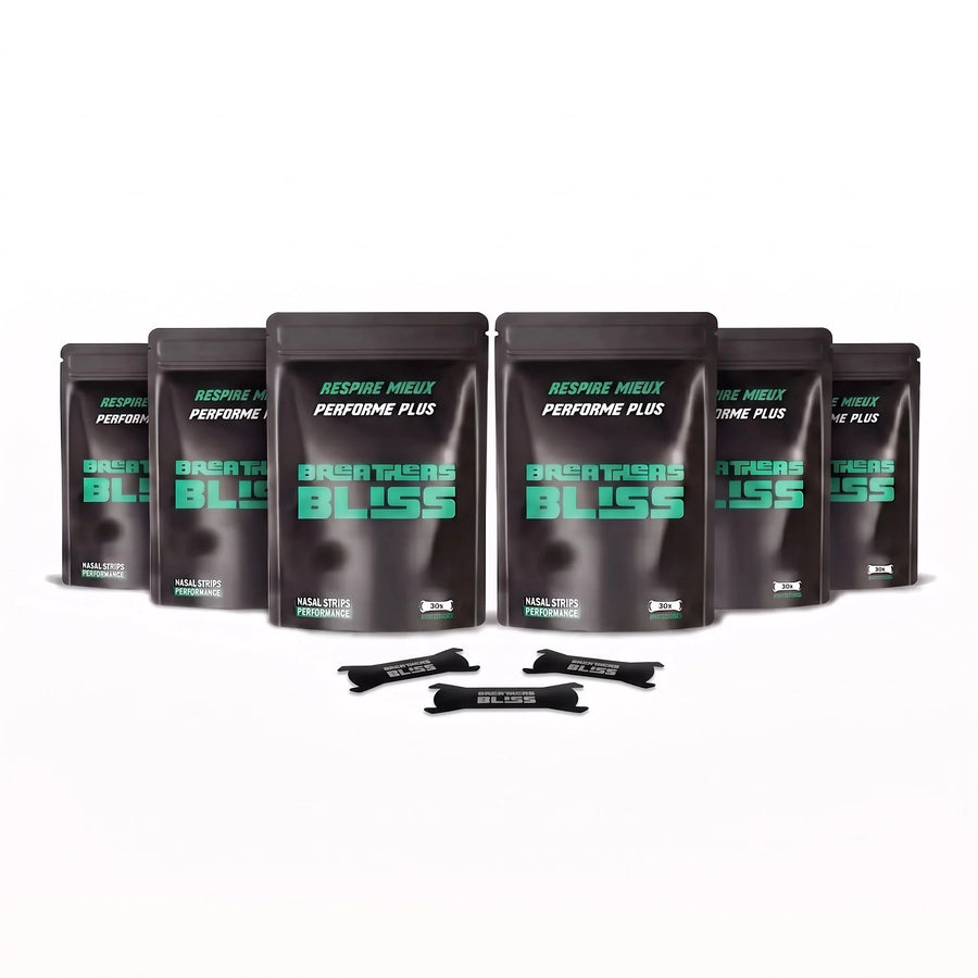 Pack de 6 sachets de bandes nasales Intense noires BreathersBliss, avec les bandes présentées devant.