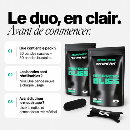 Questions sur le Pack Athlète BreathersBliss : contenu de 30 bandes nasales et 30 buccales, usage unique et précautions avant le mouth tape.