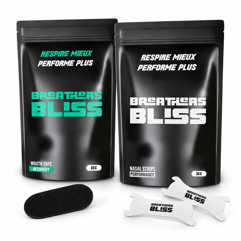 Pack Athlète blanc BreathersBliss avec un sachet de bandes nasales blanches et un sachet de bandes buccales classiques noires.