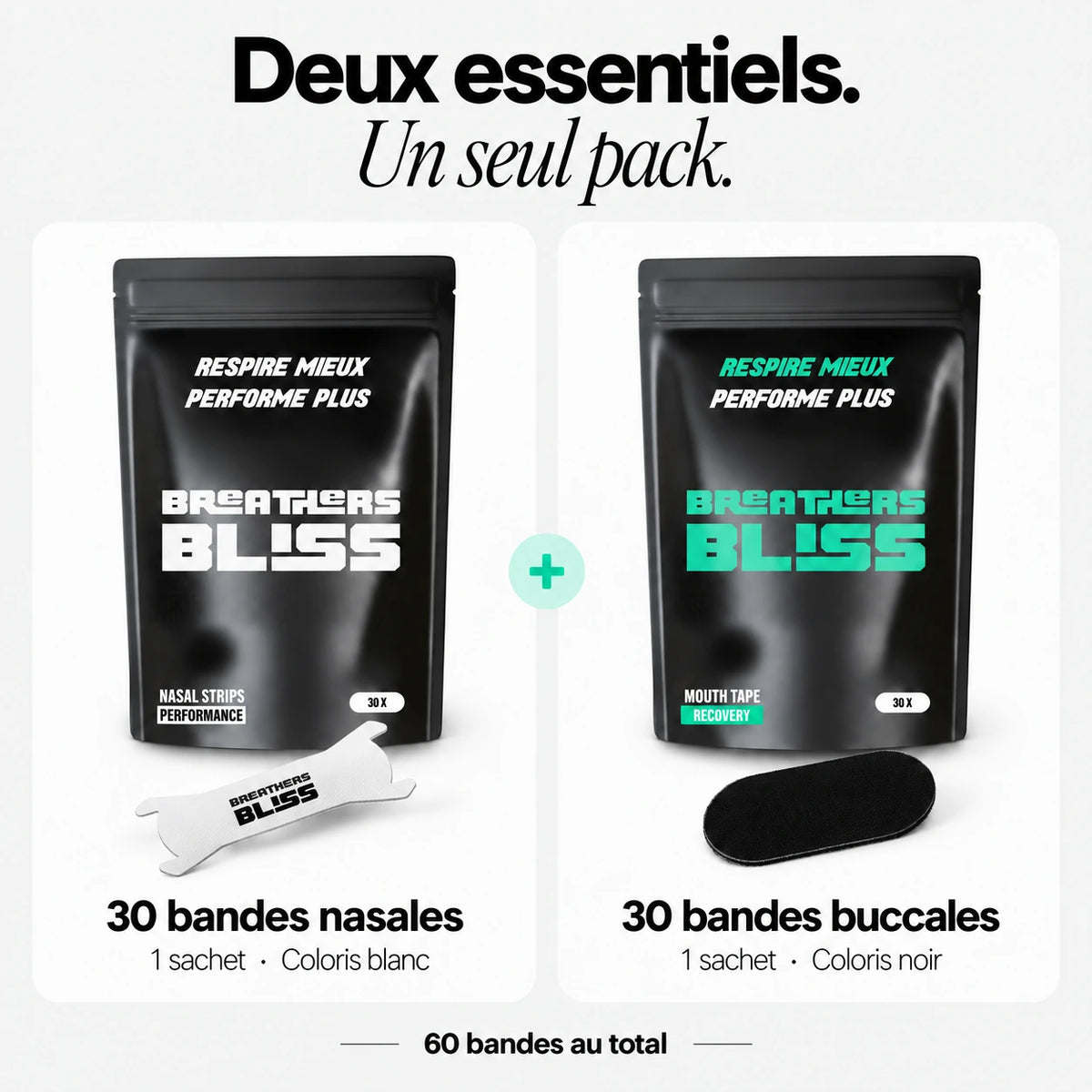 Contenu du Pack Athlète blanc : 30 bandes nasales Intense blanches et 30 bandes buccales noires, soit 60 bandes.