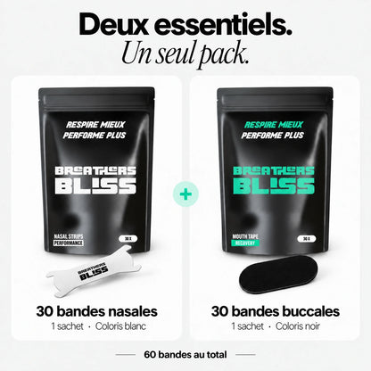 Contenu du Pack Athlète blanc : 30 bandes nasales Intense blanches et 30 bandes buccales noires, soit 60 bandes.