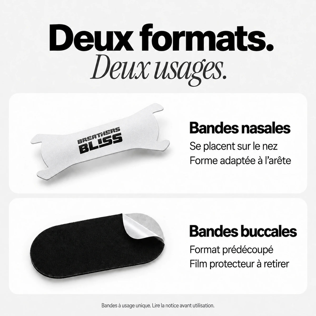 Différence de forme entre la bande nasale blanche et la bande buccale noire du Pack Athlète BreathersBliss.