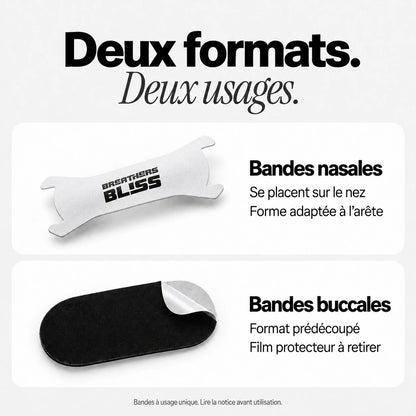 Différence de forme entre la bande nasale blanche et la bande buccale noire du Pack Athlète BreathersBliss.
