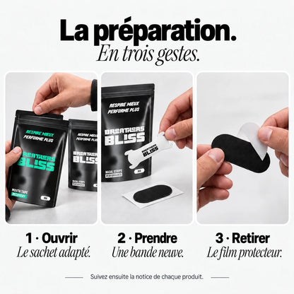 Préparation du Pack Athlète blanc : ouvrir le sachet, prendre une bande neuve et retirer le film protecteur.