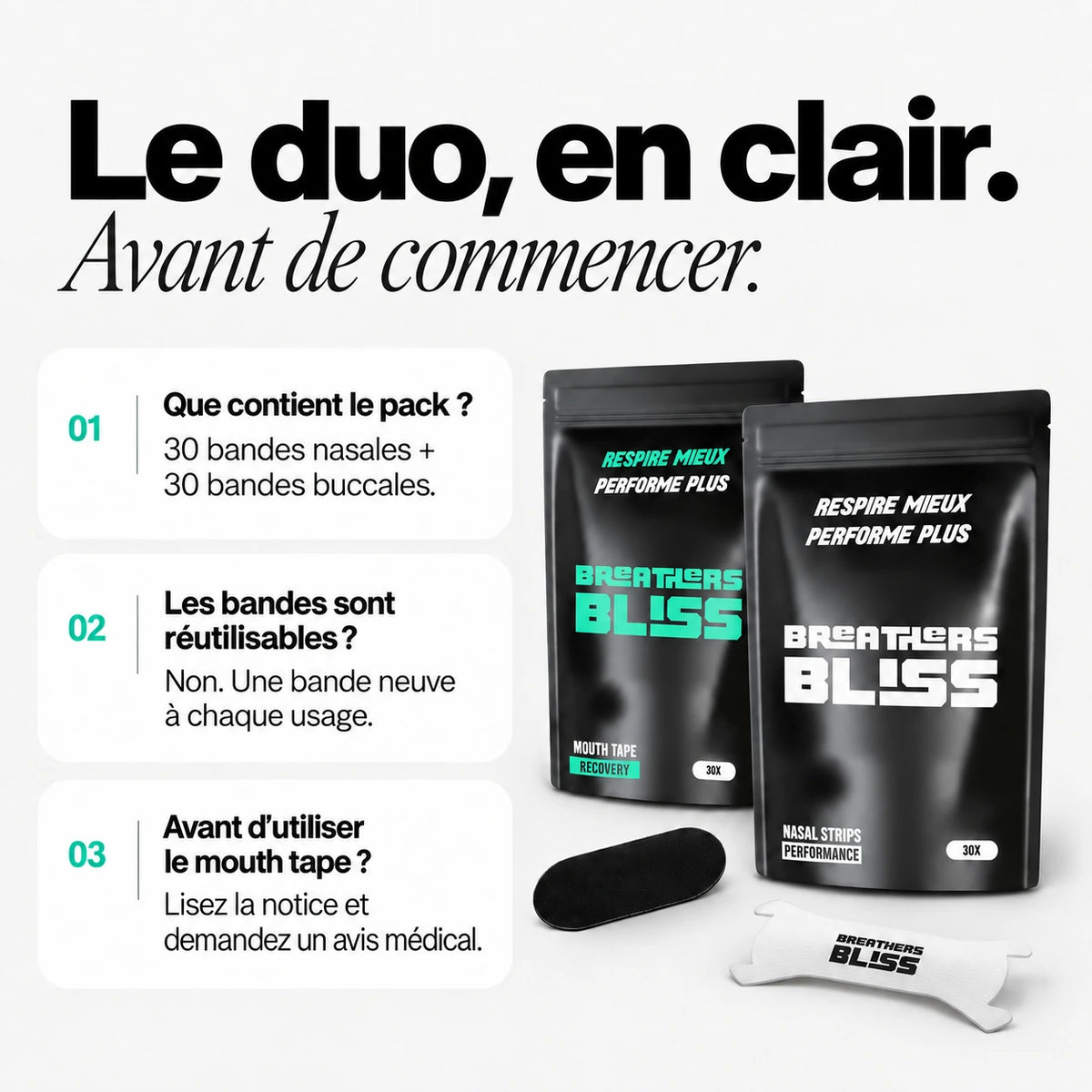 Questions sur le Pack Athlète blanc BreathersBliss : contenu, usage unique et conseils avant utilisation des bandes buccales.