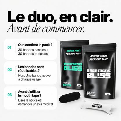 Questions sur le Pack Athlète blanc BreathersBliss : contenu, usage unique et conseils avant utilisation des bandes buccales.