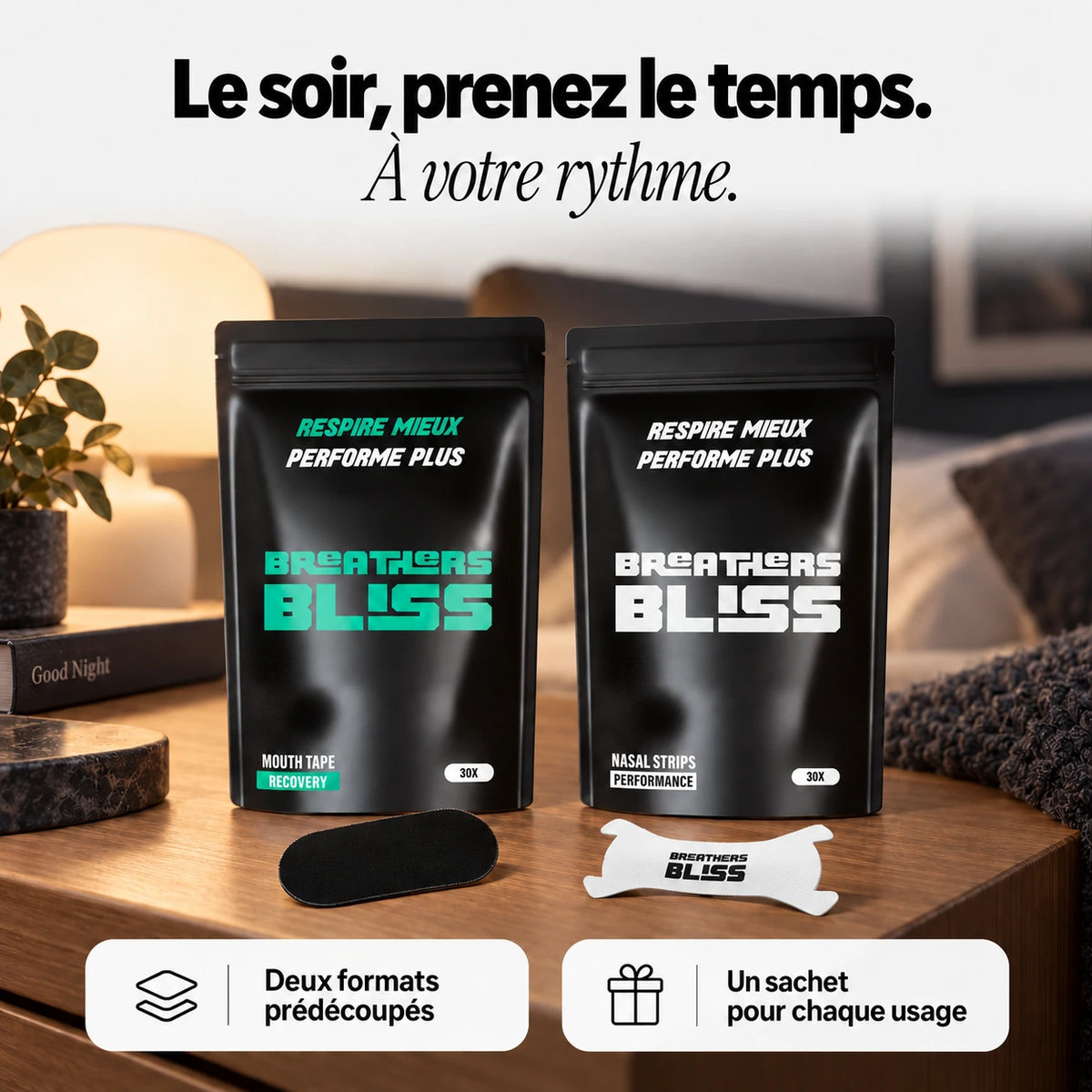 Pack Athlète blanc BreathersBliss et ses bandes nasales blanches et buccales noires présentés dans une chambre.